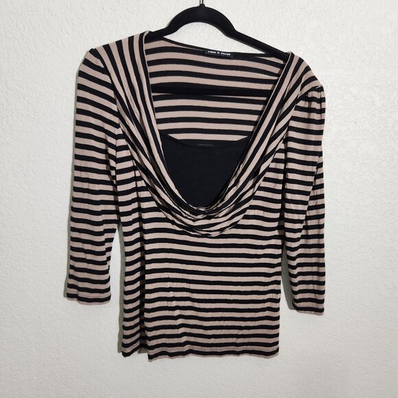 Cable & Gauge Womens Top Size M Draped Cowl Neck Black & Tan Striped - Picture 1 of 12